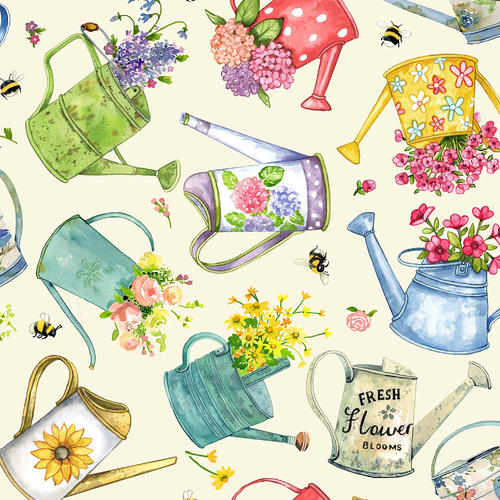 Meant to Bee 4008/04C Watering Cans Cream Patchwork Fabric