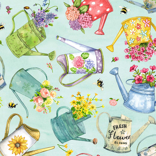 Meant to Bee 4008/04M Watering Cans Mint Patchwork Fabric