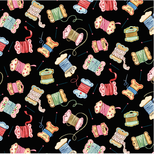 Sew Pretty 4052/55B - Floss Bobbins Black Patchwork Fabric