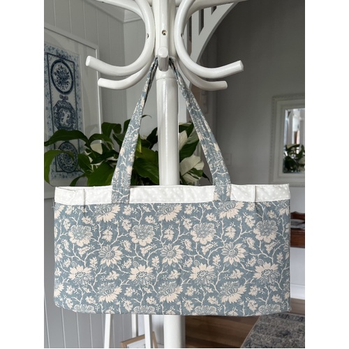 Blue White Linen Tote Bag with Handle